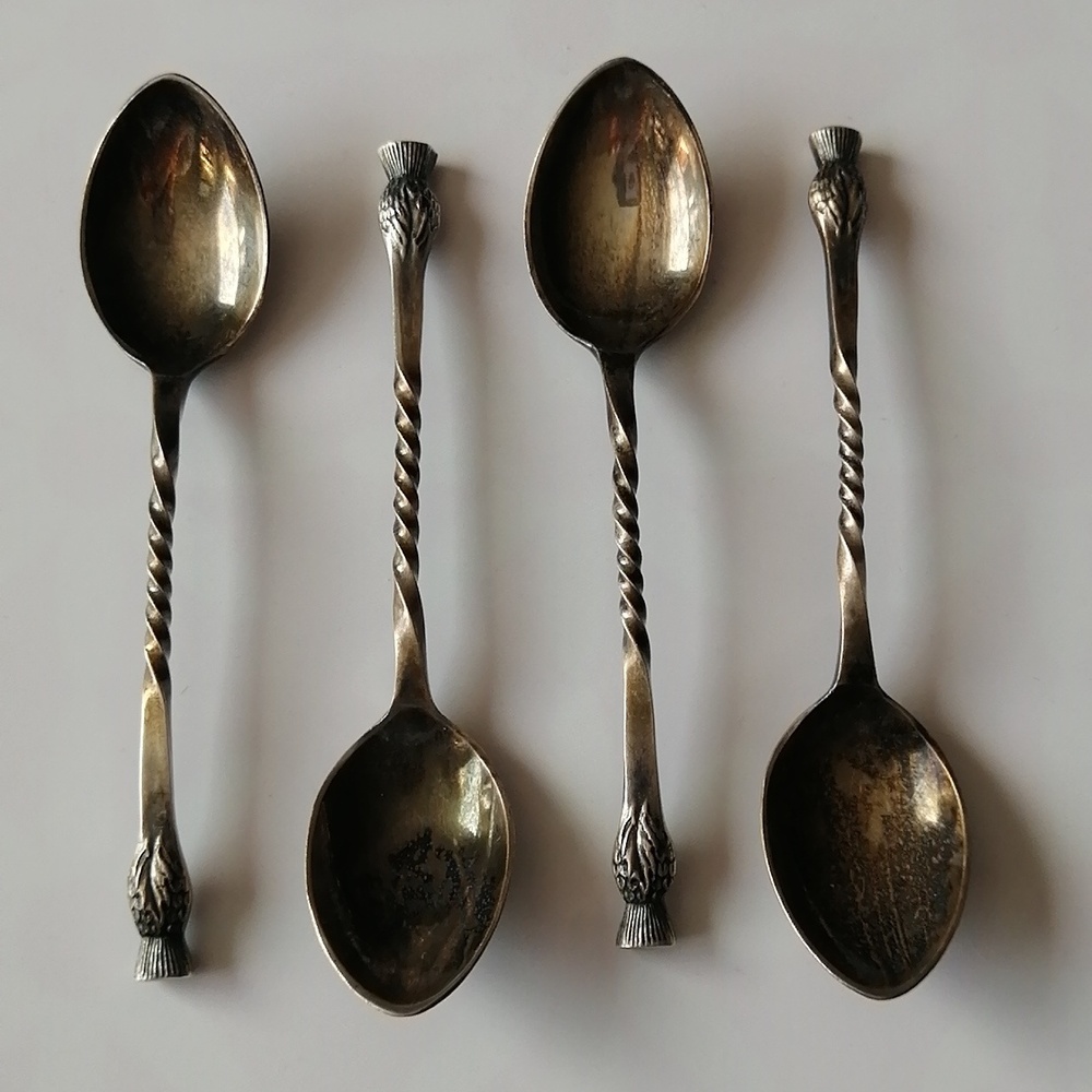 Vintage Silverplated Demitasse Dessert Spoons Twisted Handles Thistle Finial (4)
